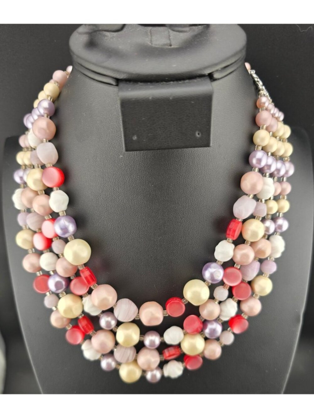 Pastel and Red Multi-Strand Beaded Necklace 16" Inch Length Japan - Picture 2 of 8